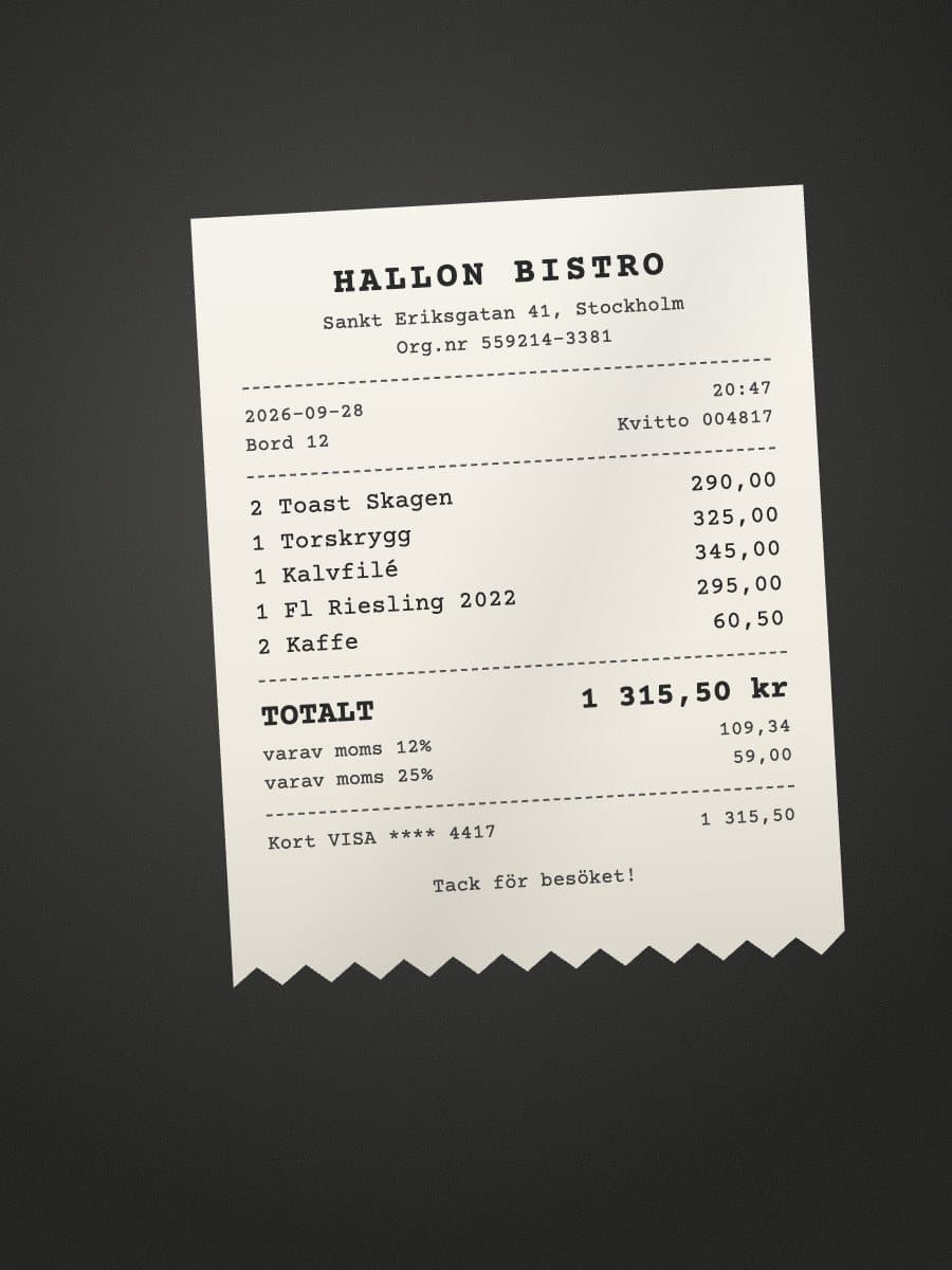 Photo of a paper receipt from Hallon Bistro, Stockholm, dated 2026-09-28: starters, two mains, a bottle of Riesling and coffee, total 1 315,50 kr.
