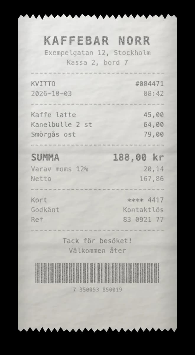 Photo of a till receipt from Kaffebar Norr in Stockholm, total 188,00 kr with 12% moms