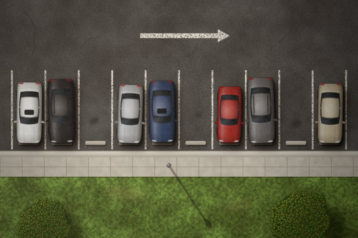 Drone photo looking straight down on a parking row of ten marked bays: seven cars parked (white, black, silver, navy, red, graphite and champagne) and three empty bays, with a pavement, a lamp post and a grass verge below.